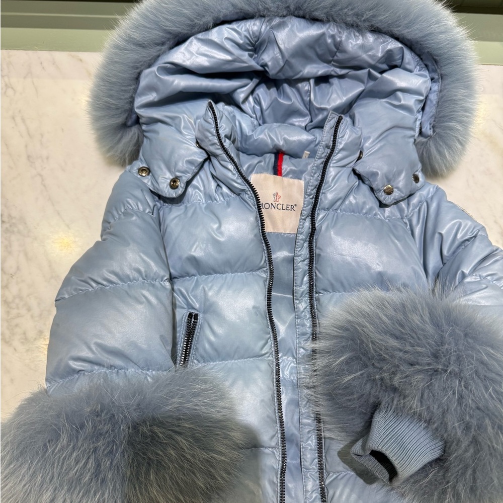 Moncler Light Blue Puffer Jacket with Fur Trim